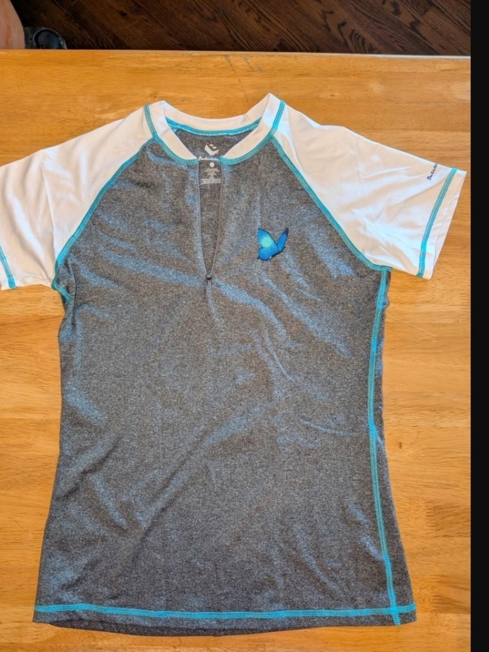 burnside Gray & White Athletic Tee with Blue Trim and Butterfly